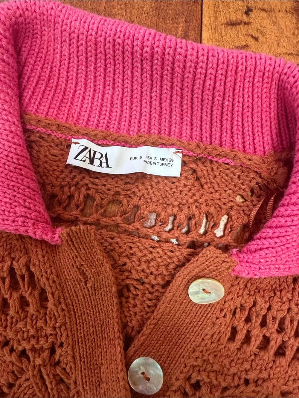 Zara Cropped Open-Knit Polo with Pink Collar